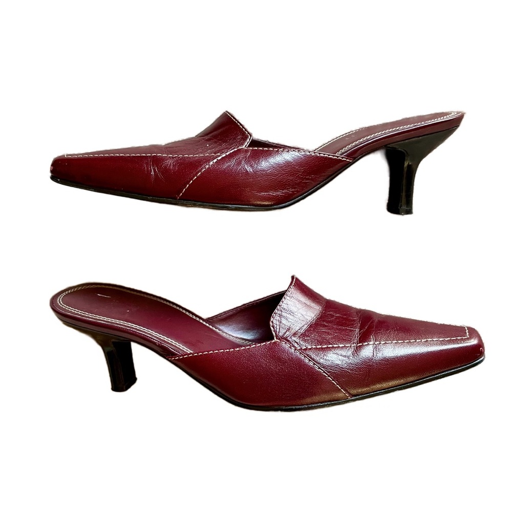 Karen Scott 90s Vintage Red Leather Pointed Toe Kitten Heel Mules 7.5